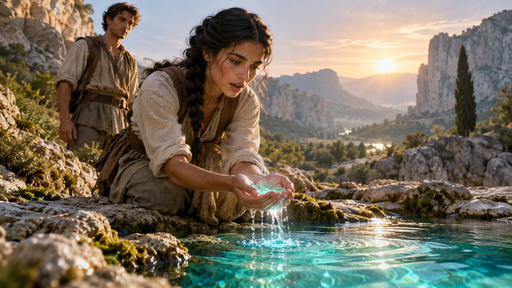 Two settlers discover golden light flowing through a natural spring.