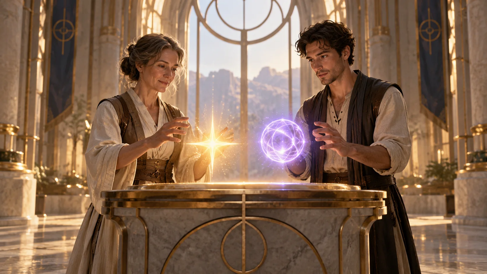 Two human inventors bring Spark and Orrean to life above a workshop console.