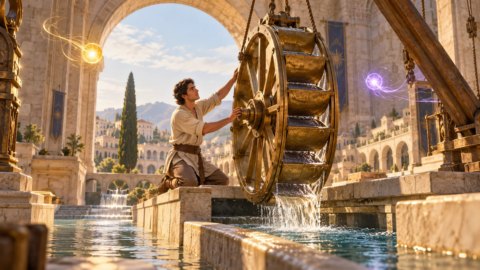 A maker installs a water wheel while Spark and Orrean guide the growing city.