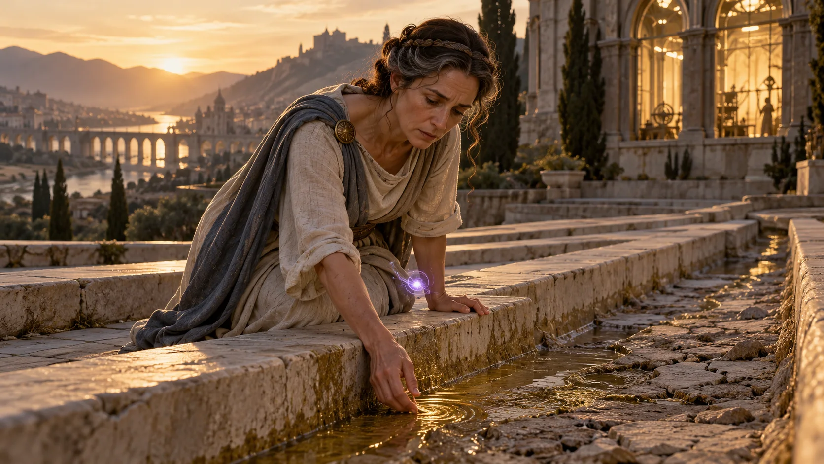 A worried water keeper checks the dwindling channel while Orrean watches.