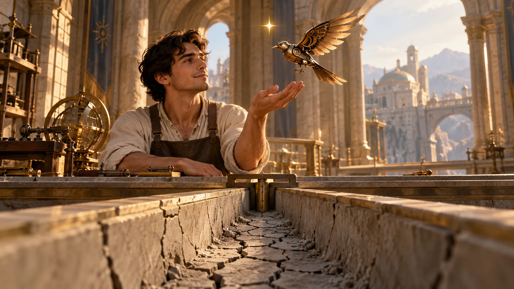 A maker admires a flying bronze bird above a completely dry workshop channel.