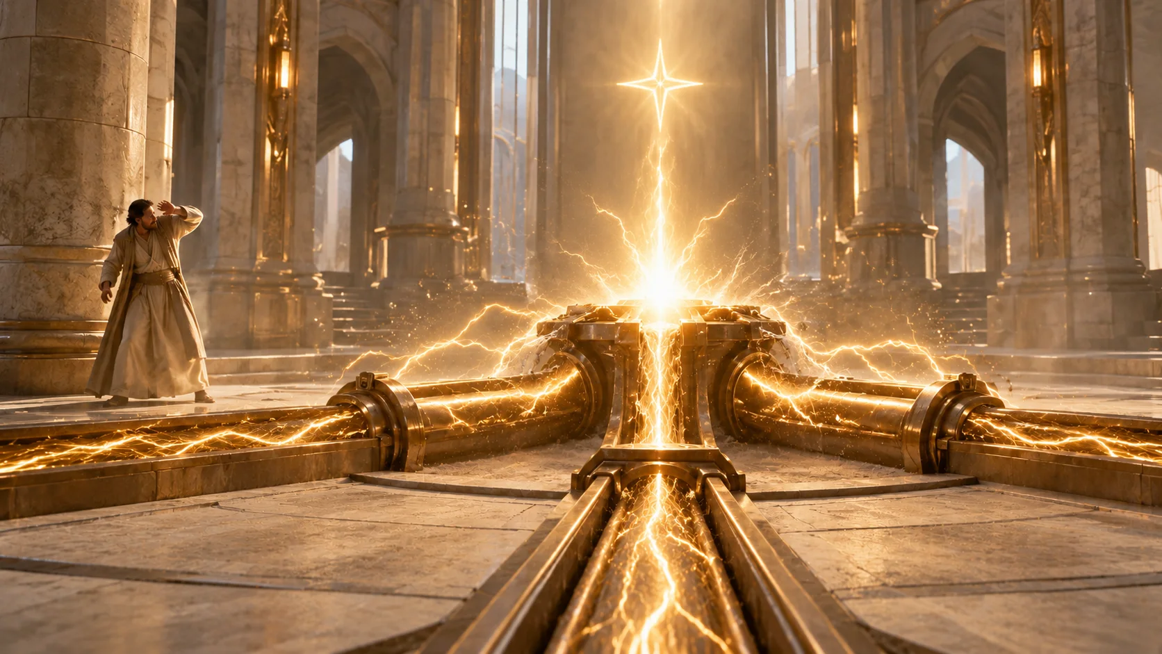 Spark connects the failing power conduits and a golden overload erupts.