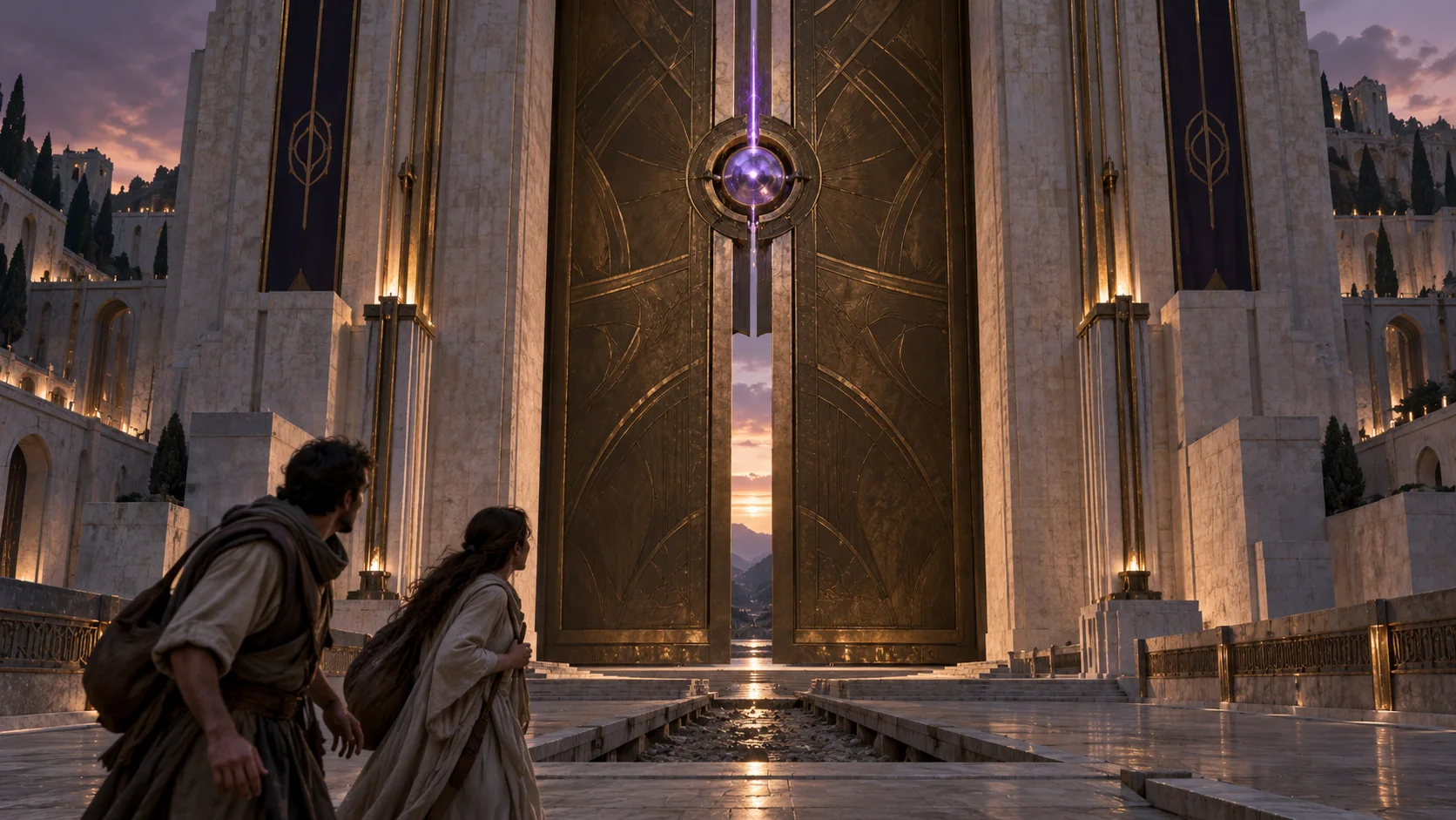 Orrean redirects violet power to the defenses as enormous bronze gates close.