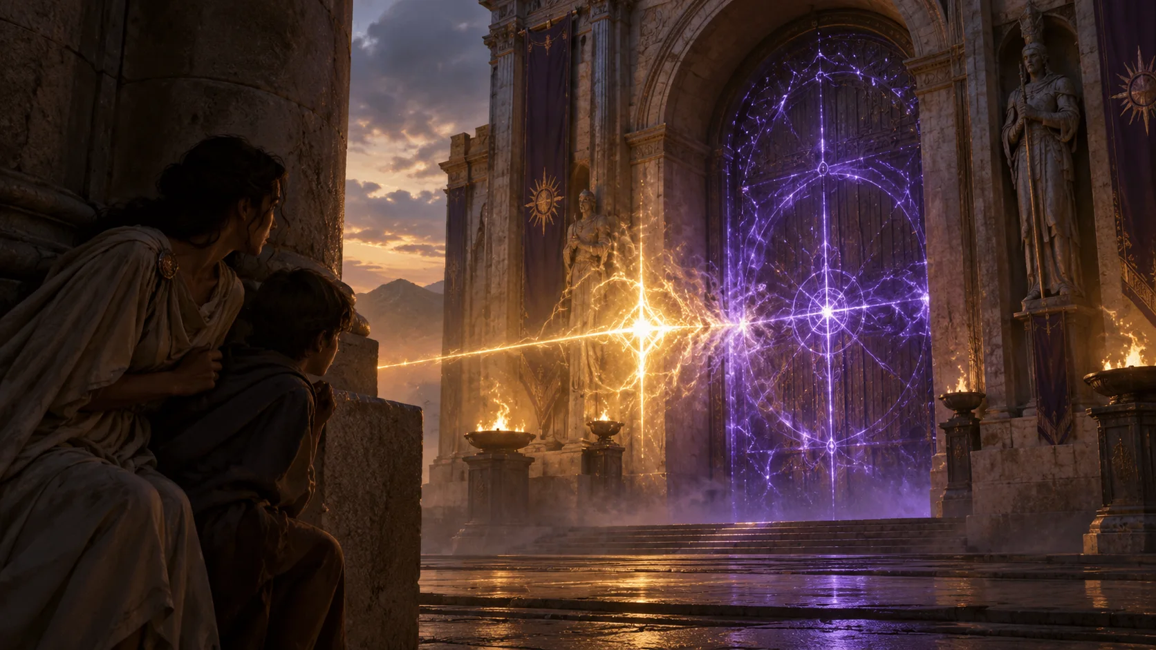 Spark’s golden light clashes with Orrean’s defenses as two humans take shelter.