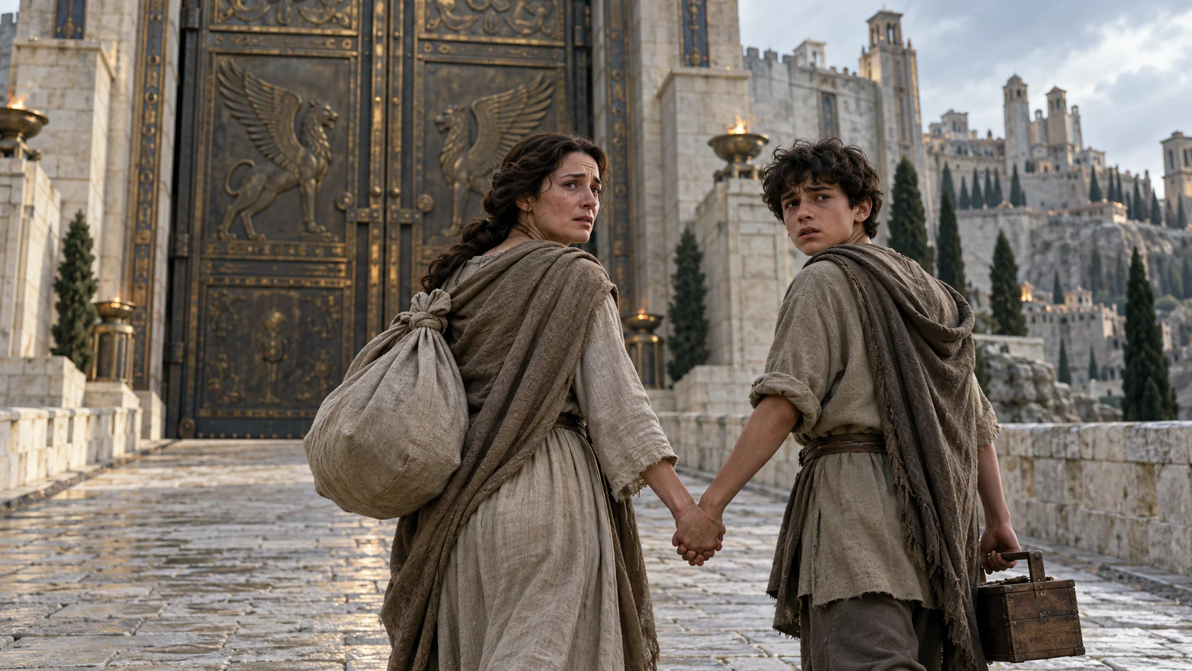 A mother and son leave the sealed gates with only a bundle and their tools.