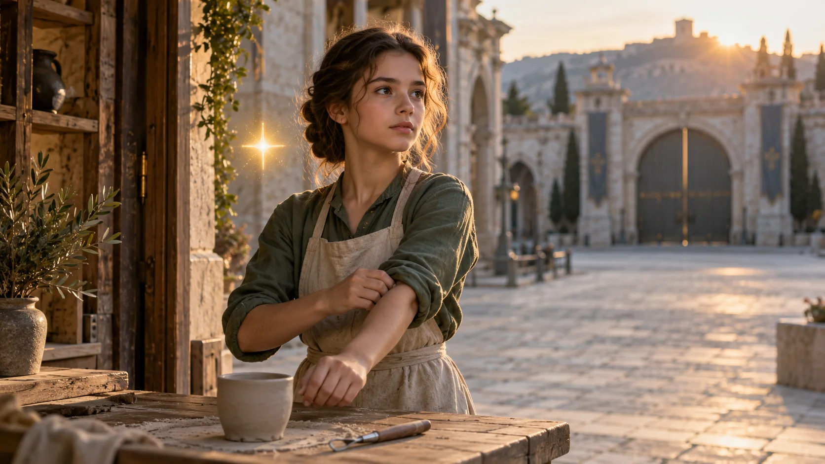 A young Seeker rolls up her sleeves at a simple workbench beside Spark.