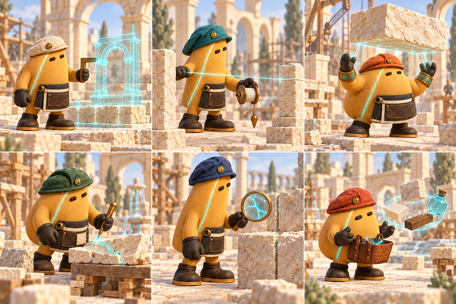 The first six Meganites and their tools. Top row: Avaron, Serev and Borun. Bottom row: Ilyra, Vaelis and Tovan.